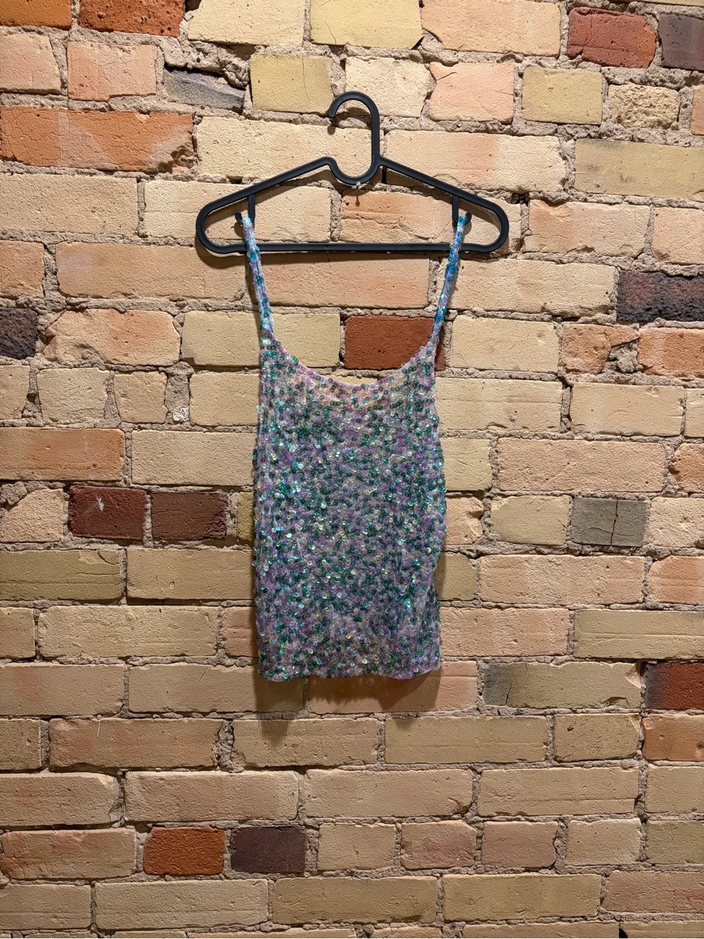 Sequin Floral Spaghetti Strap Tank Top - Pink/Green